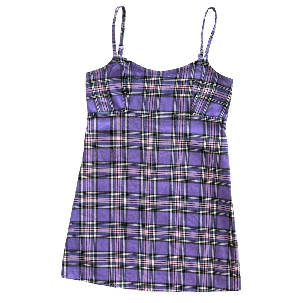 Brandy Melville J. Galt Womens S Purple Plaid Mini Dress Spaghetti Strap Tie Y2K